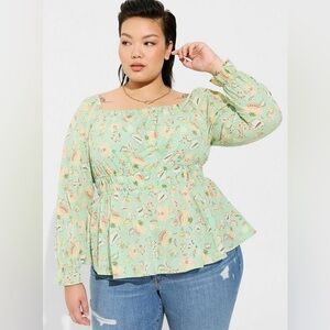 Torrid Mint Green Floral Cotton Clip Dot Blouson Sleeve Smocked Top